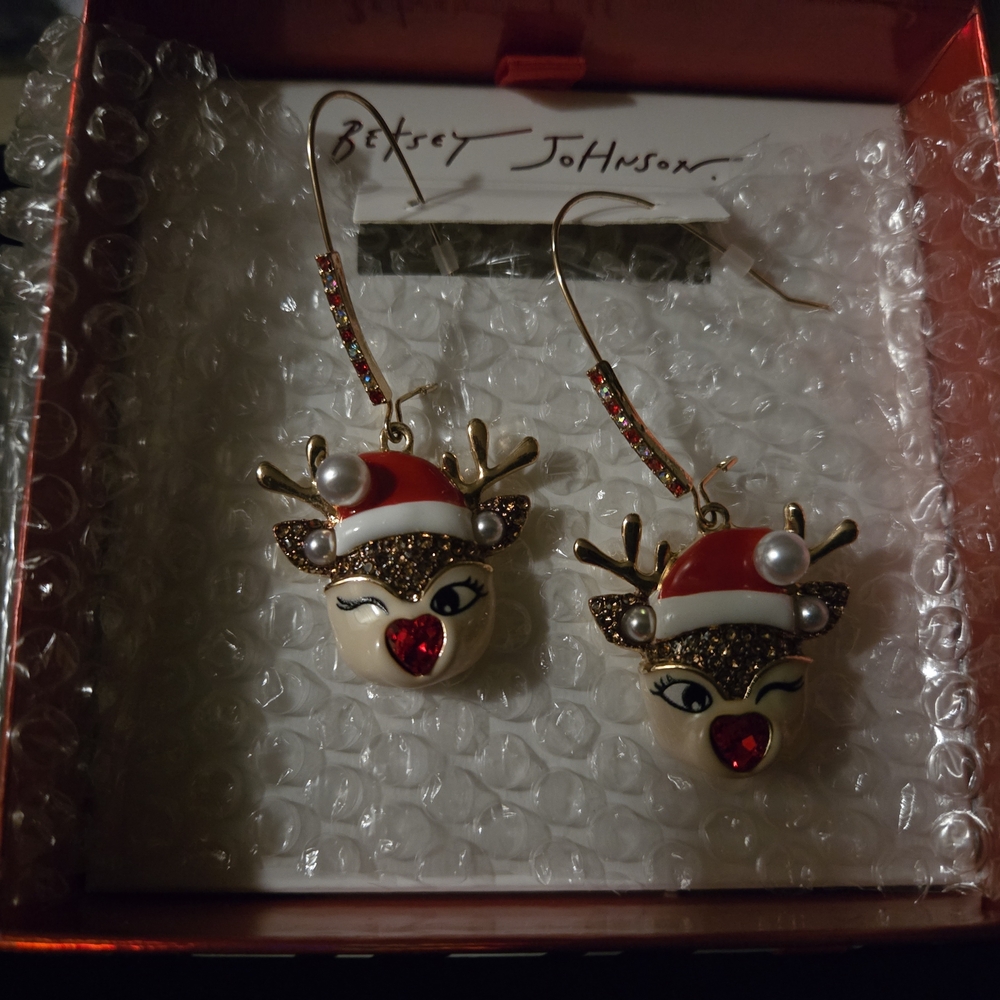Betsey Johnson Holiday Reindeer Earrings with Red and Gold